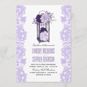 Lavendel en paarse bloemen lantaarn bruiloft kaart