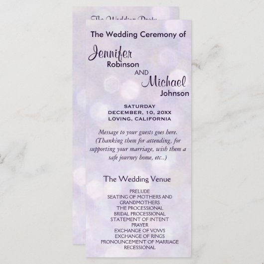 Lavendel en Paarse Bokeh bruiloft programma Programmakaart (Voorkant / Achterkant)