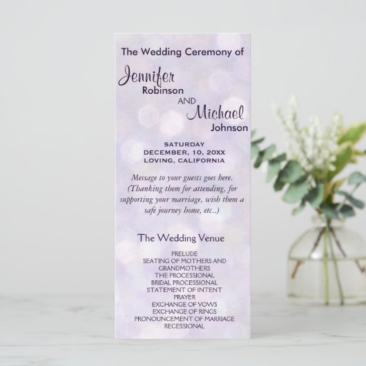 Lavendel en Paarse Bokeh bruiloft programma Programmakaart (Staand voorkant)