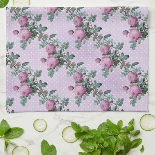 Lavendel en Paarse Rozen op wijnstokken Theedoek (Gevouwen)