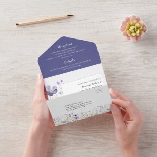 Lavendel en Paarse Wildflower huwelijksuitnodiging All In One Uitnodiging