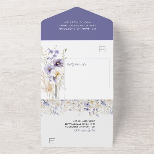Lavendel en Paarse Wildflower huwelijksuitnodiging All In One Uitnodiging (Buitenkant)