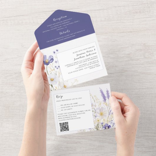 Lavendel en Paarse Wildflower huwelijksuitnodiging All In One Uitnodiging (Afscheurbaar)
