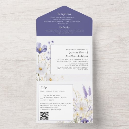Lavendel en Paarse Wildflower huwelijksuitnodiging All In One Uitnodiging (Binnen)