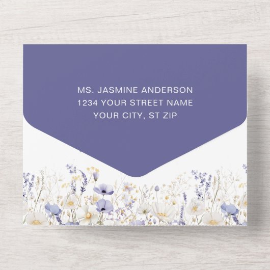 Lavendel en Paarse Wildflower huwelijksuitnodiging All In One Uitnodiging (Achterkant)