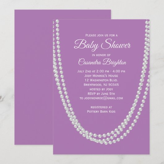 Lavendel en parels Baby shower uitnodiging (Voorkant / Achterkant)