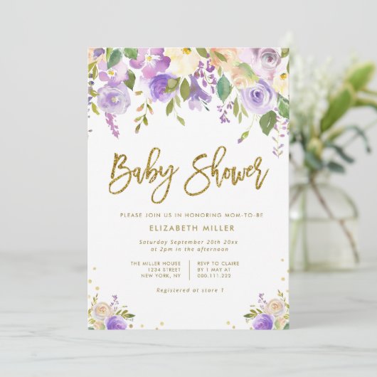 lavendel en perzikflorale baby shower, uitnodiging (Staand voorkant)