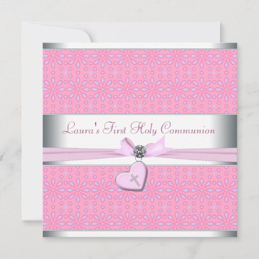 Lavendel en Roze Hart Roze Kruis Eerste Communie Kaart (Voorkant)