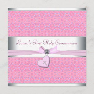 Lavendel en Roze Hart Roze Kruis Eerste Communie Kaart