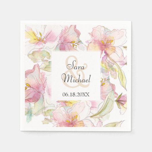 Lavendel en Roze Pastel Waterverf Bloemenbruiloft Servetten (Voorkant)