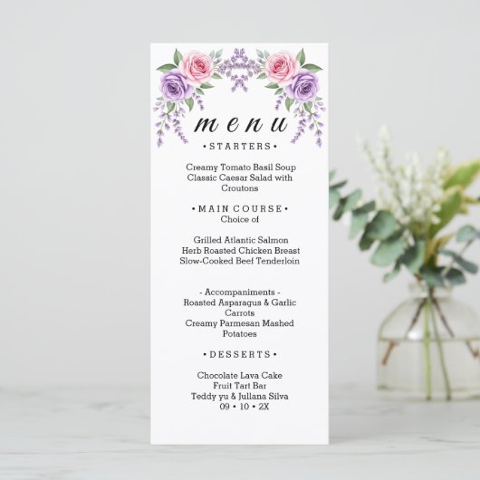 Lavendel en Roze Roos Bloemkaart Trouwmenu Menu (Staand voorkant)