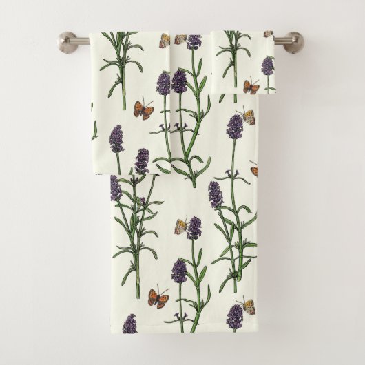 Lavendel en vlinders op gebroken wit bad handdoek (Insitu)
