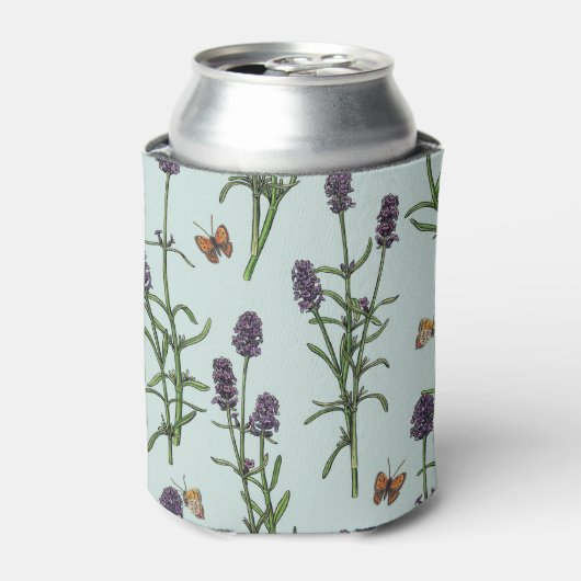 Lavendel en vlinders op zeeen glas blikjeskoeler (Blikje Voorkant)
