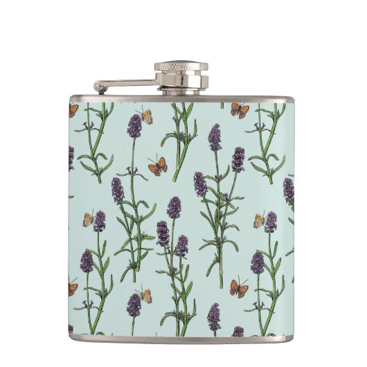 Lavendel en vlinders op zeeen glas heupfles (Voorkant)