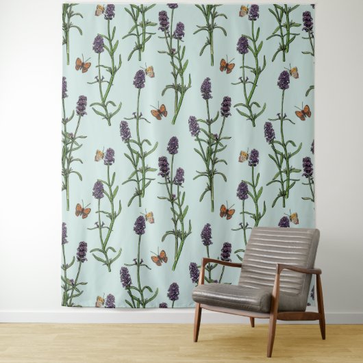 Lavendel en vlinders op zeeen glas wandkleed (In situ)