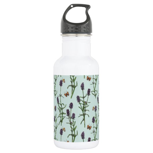Lavendel en vlinders op zeeen glas waterfles  (Voorkant)