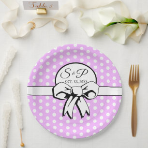 Lavendel en witte Polka Dot White Bow Personaliser Papieren Bordje