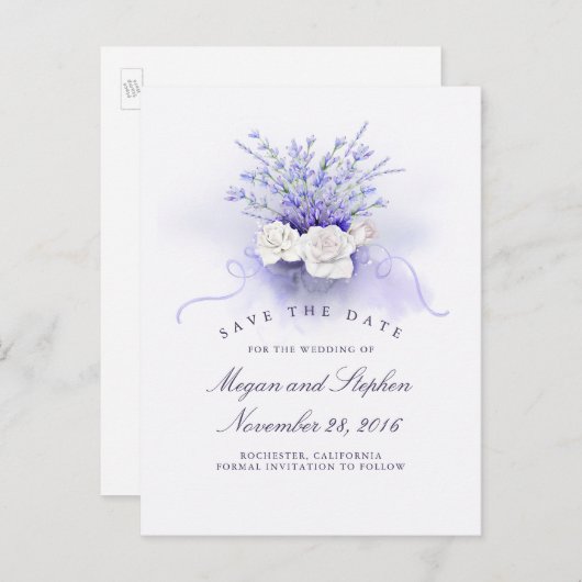 Lavendel en witte rozen Elegant Save the Date Aankondigingskaart (Voorkant / Achterkant)