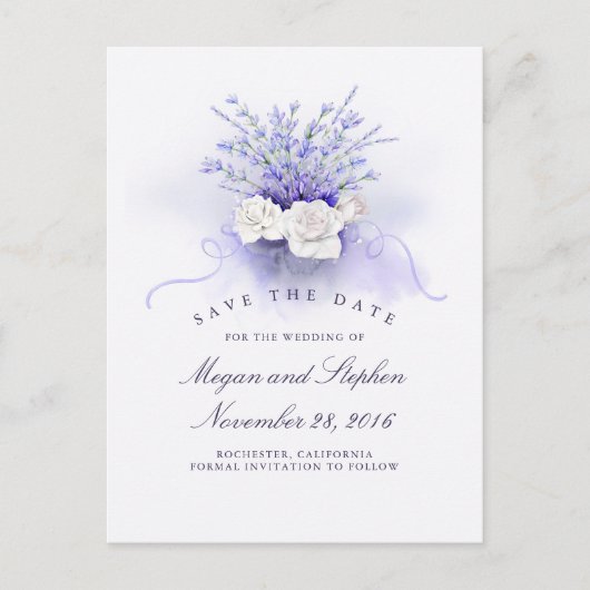 Lavendel en witte rozen Elegant Save the Date Aankondigingskaart (Voorkant)
