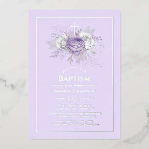Lavendel en zilveren bloemen doopfolie uitnodiging