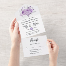 Lavendel en Zilveren Bruiloft met Bloemen All In One Uitnodiging