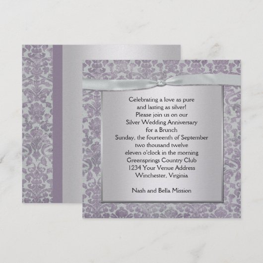 Lavendel en Zilveren Damast 25e Huwelijksverjaarda Kaart (Voorkant / Achterkant)