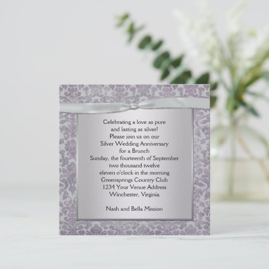 Lavendel en Zilveren Damast 25e Huwelijksverjaarda Kaart (Staand voorkant)
