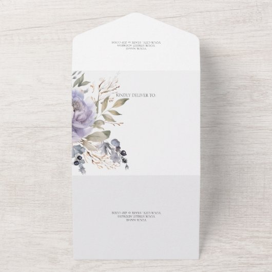 Lavendel en Zwarte Pioenen QR Code All In One Uitnodiging (Buitenkant)