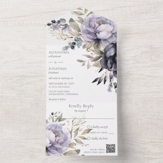 Lavendel en Zwarte Pioenen QR Code All In One Uitnodiging (Binnen)