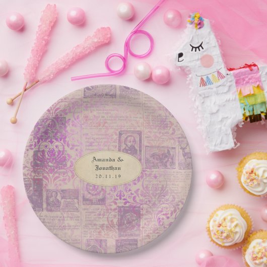  Lavendel Ephemera Damask Bruiloft Papieren Bordje (Feest)