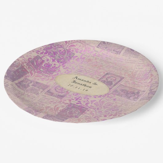  Lavendel Ephemera Damask Bruiloft Papieren Bordje (Gekanteld)