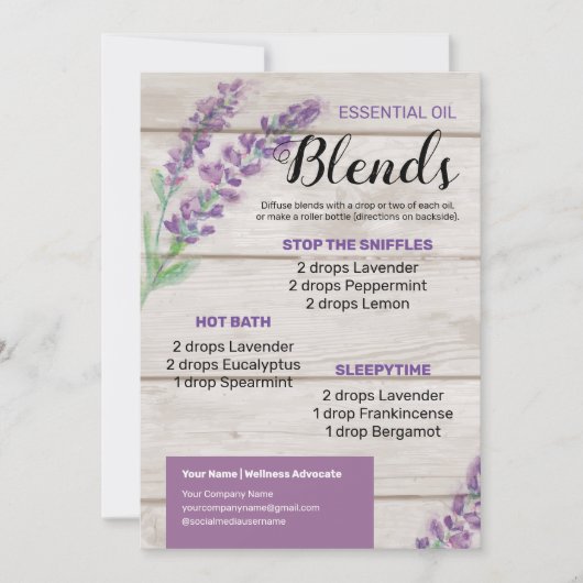 Lavendel etherische olie diffusor blends kaart (Voorkant)