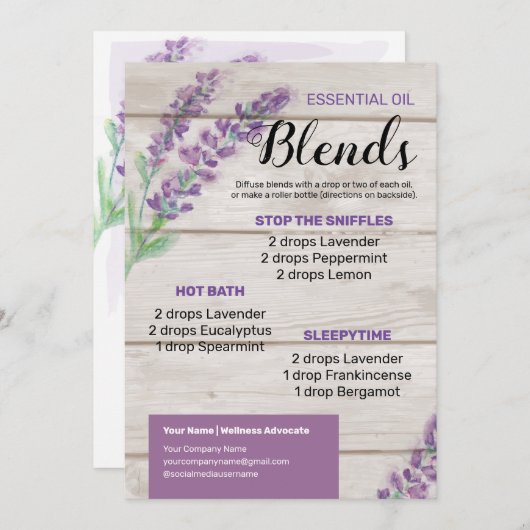 Lavendel etherische olie diffusor blends kaart (Voorkant / Achterkant)