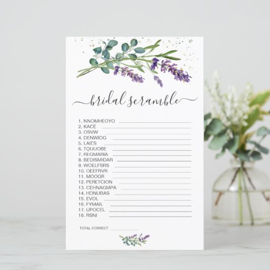 Lavendel Eucalypt Word Scramble Vrijgezellenfeest  (Staand voorkant)