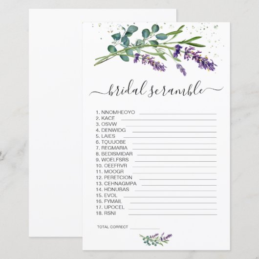 Lavendel Eucalypt Word Scramble Vrijgezellenfeest  (Voorkant / Achterkant)