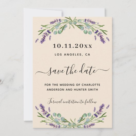 Lavendel eucalyptus beige bruiloft save the date (Voorkant)