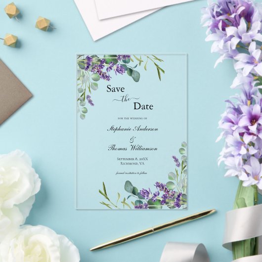 Lavendel Eucalyptus Bloem Bruiloft Save The Date Acryl Uitnodigingen (Insitu (Huwelijk))