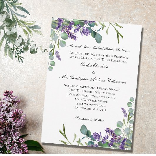 Lavendel Eucalyptus Elegante Formele Bruiloft Kaart