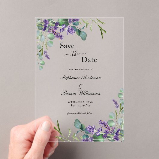 Lavendel Eucalyptus Floral Wedding Save the Date Acryl Uitnodigingen (Insitu (Draagbaar))