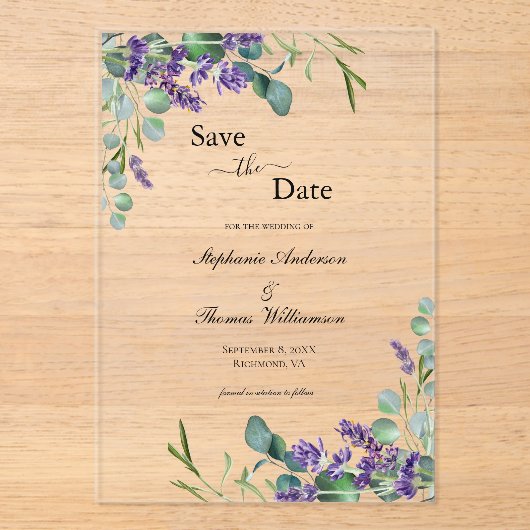 Lavendel Eucalyptus Floral Wedding Save the Date Acryl Uitnodigingen (Voorkant)