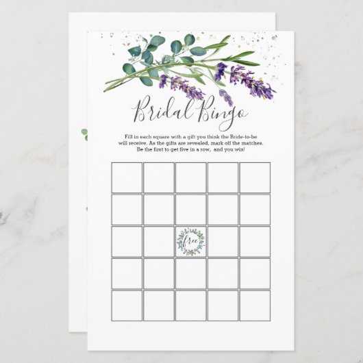 Lavendel Eucalyptus Foliage Bridal Bingo Spel (Voorkant / Achterkant)