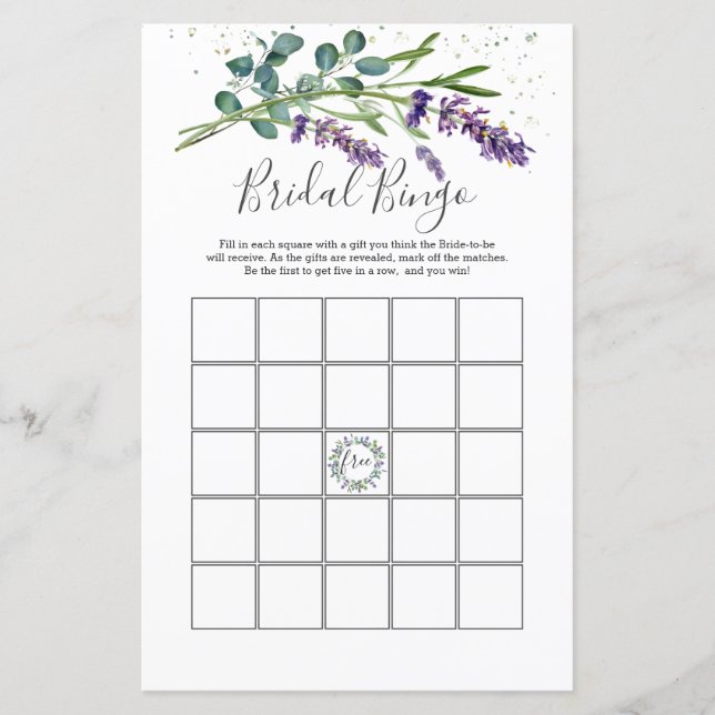 Lavendel Eucalyptus Foliage Bridal Bingo Spel (Voorkant)