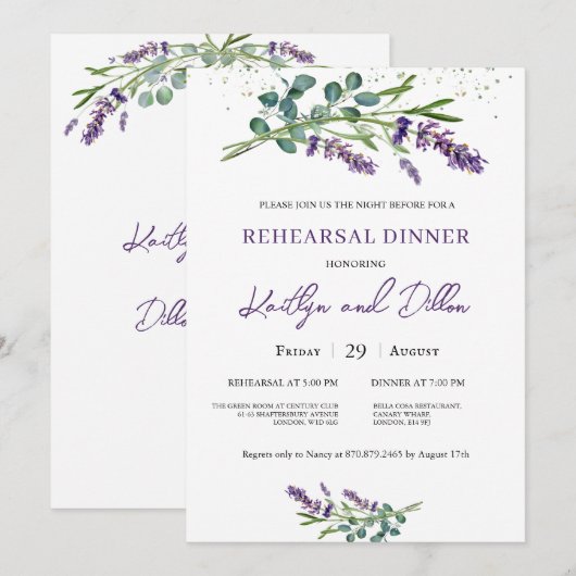 Lavendel Eucalyptus Foliage repetitie diner Kaart (Voorkant / Achterkant)