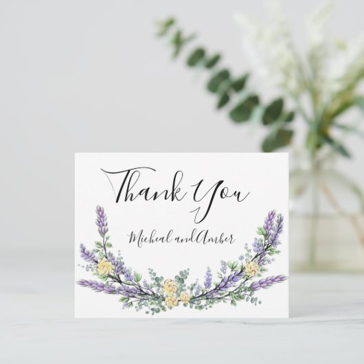 Lavendel Eucalyptus geel rozen elegant script Bedankkaart (Staand voorkant)