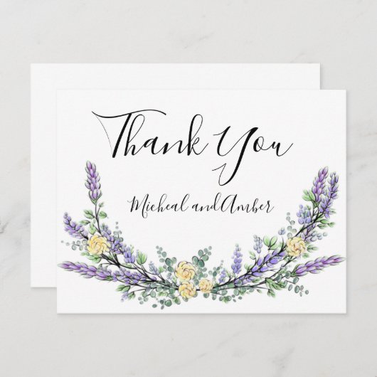 Lavendel Eucalyptus geel rozen elegant script Bedankkaart (Voorkant / Achterkant)