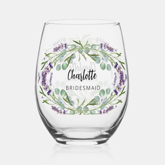 Lavendel eucalyptus groen bruidsmeisje naam wijnglas zonder voet (Voorkant)