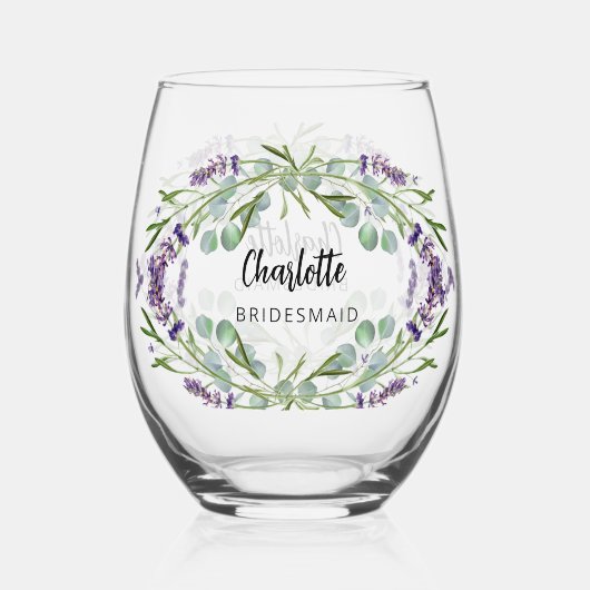 Lavendel eucalyptus groen bruidsmeisje naam wijnglas zonder voet (Achterkant)