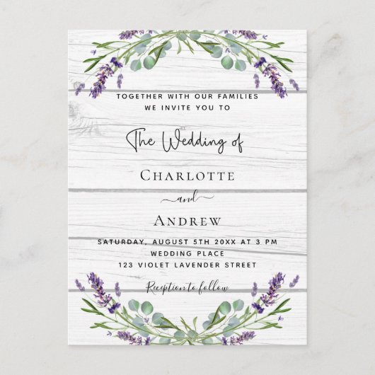 Lavendel eucalyptus groen wit hout bruiloft uitnodiging briefkaart (Voorkant)