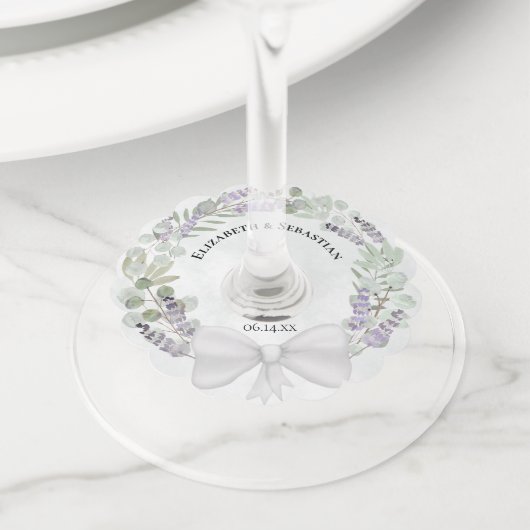 Lavendel & Eucalyptus krans rustieke Boho bruiloft Wijnglaslabel (Dichtbij)