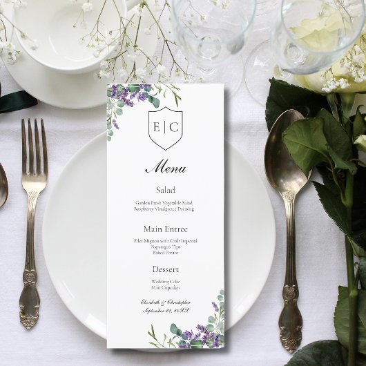 Lavendel Eucalyptus Monogram Bruiloft Menu